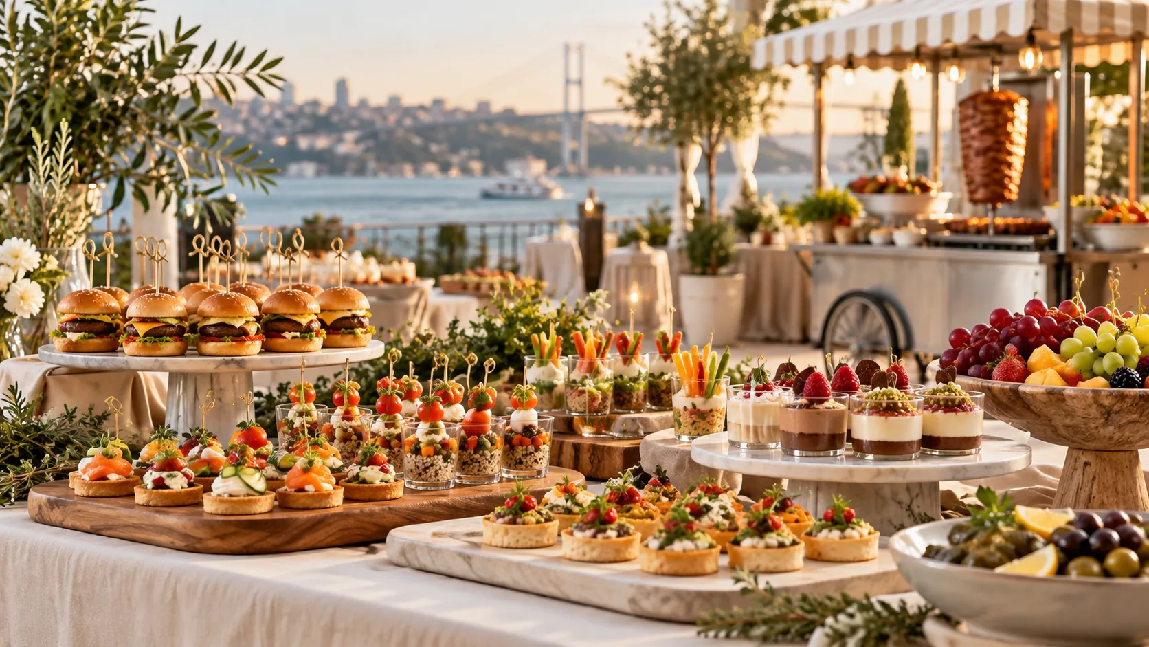 Catering sunum masasında mini hamburgerler, kanepeler, tatlı kapları ve meyveler